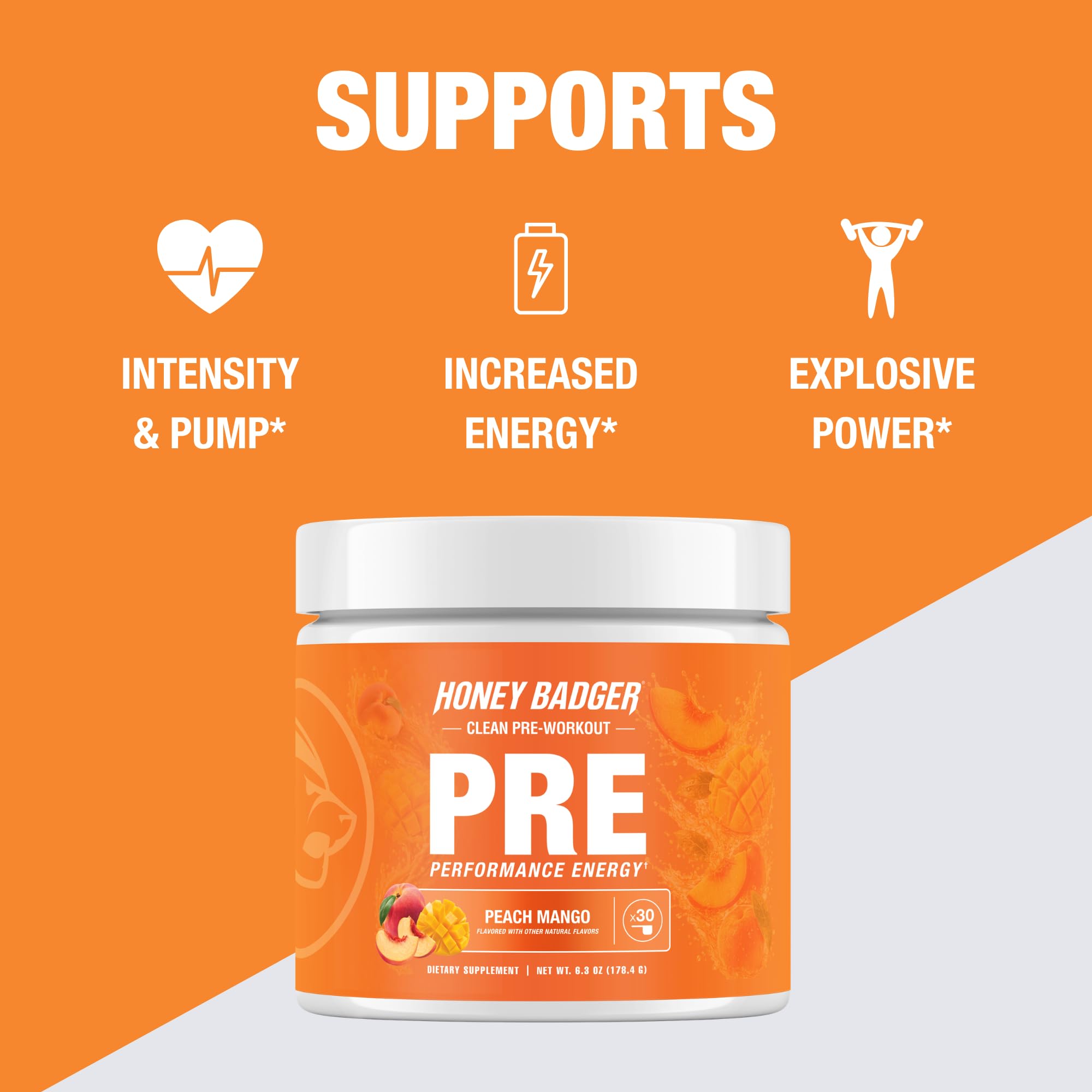 Honey Badger Pre Workout Powder, Keto Vegan Preworkout for Men & Women, Beta Alanine & Caffeine, Sugar Free Natural Energy Supplement, Peach Mango, 30 Servings — Amazon image 3