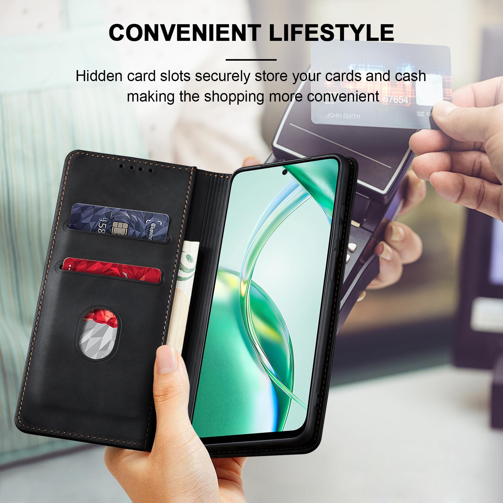 Eirltiy Coque Honor 200 Smart Cuir PU + Verre Trempé - Portefeuille Et Support - Noir