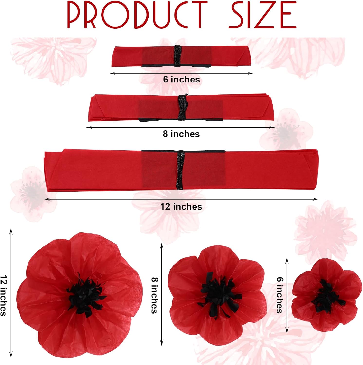 WILLBOND Artificial Red Poppy Flowers Memorial Day Large Poppies Fake Flowers for Halloween Birthday Carnival Back to School Party Backdrop(6,8,12 Inches,30 Pcs) - Image 2