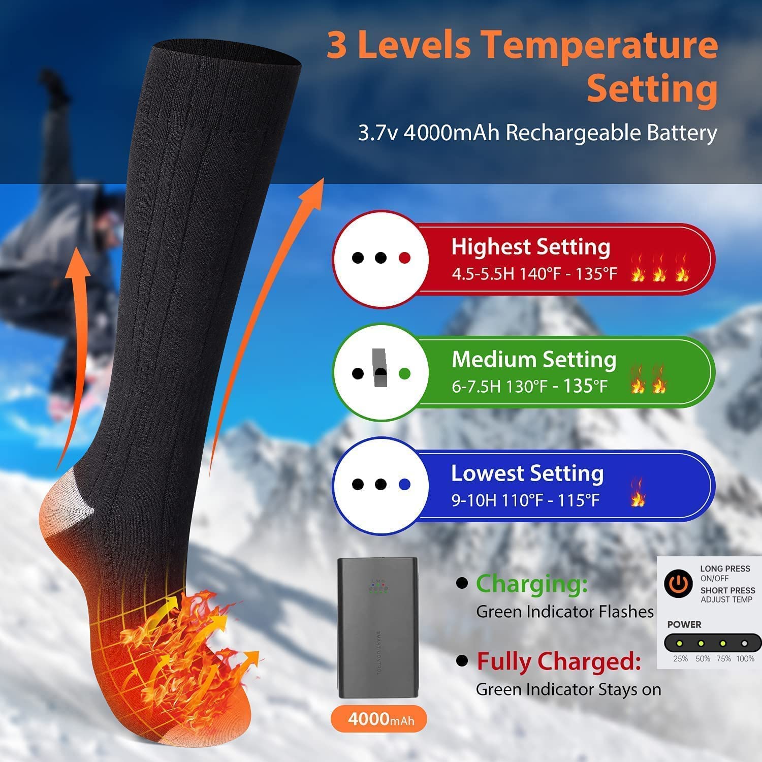 Skarpetki męskie damskie, podgrzewane skarpety z akumulatorem 4000mAh, do jazdy na nartach zimowych, wędkarstwa, snowboardingu, turystyki pieszej