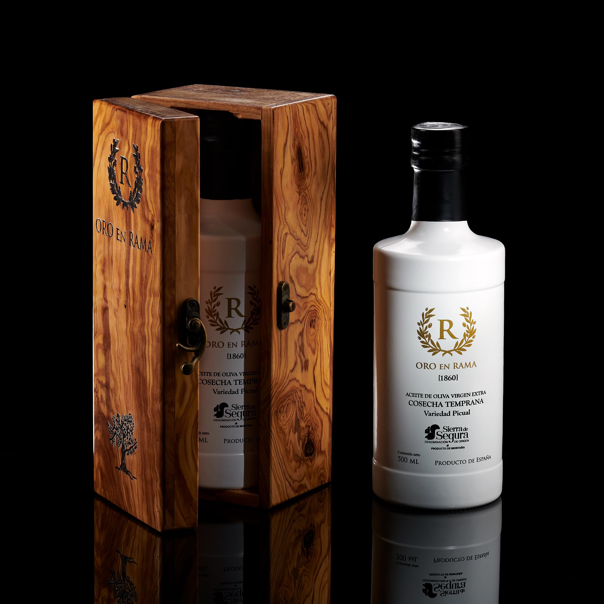 ORO EN RAMA | Aceite de Oliva Virgen Extra Picual de Jaén NUEVA COSECHA 25/26 + Caja de Madera de Olivo Artesanal para Regalo | Premio Mejor AOVE Verde de Cosecha Temprana | DOP Sierra de Segura