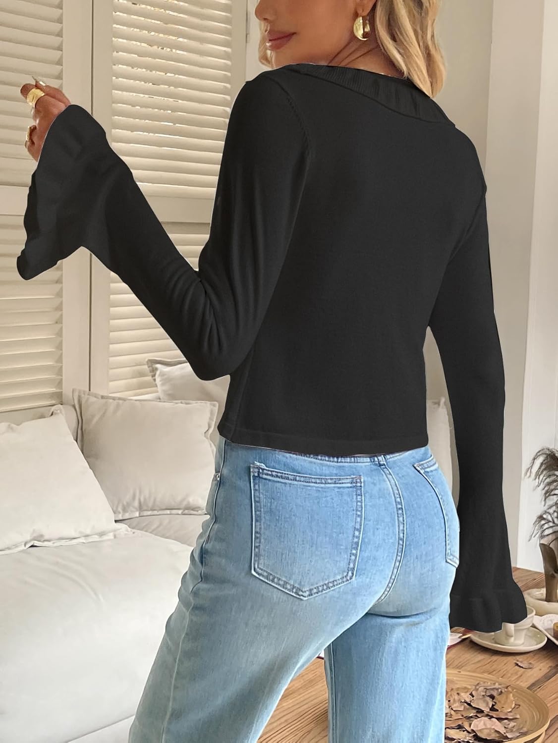 Women's V Neck Ruffle Bell Sleeve Sweater Tie Front Bow Cute Knitted Top Trendy Fall Spring Fashion Y2k Clothes - Image 6