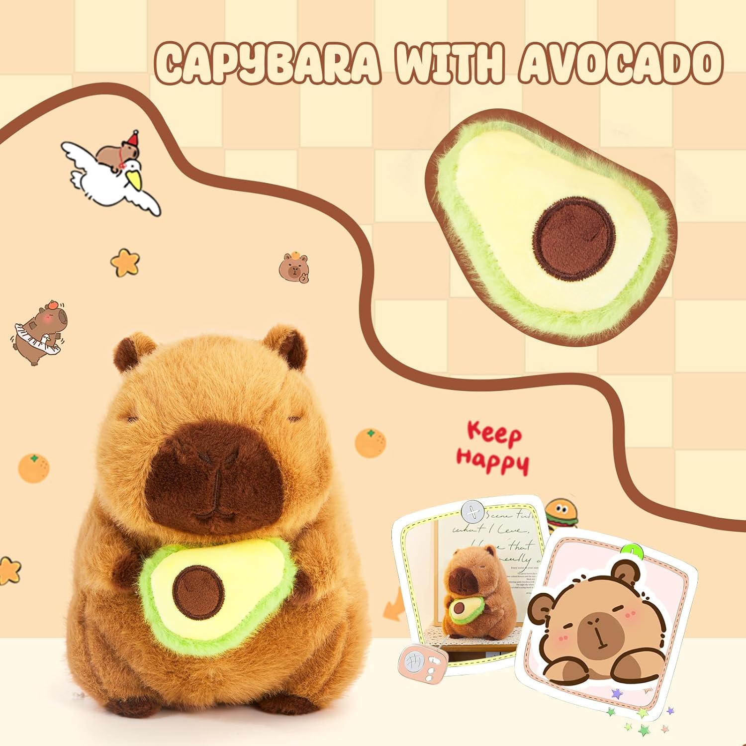 Athionsu 9’’ Capybara Plush with Avocado Soft Stuffed Animal Toy, Cute Kawaii Plush Pillow Gift for Kids Boys and Girls, Adults