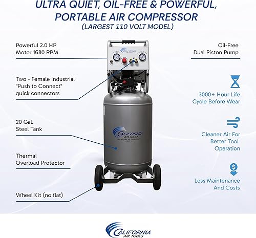 Miniatura 5 de California Air Tools 20020 2.0 HP Compresor de aire ultra silencioso y sin aceite con ruedas, capacidad de tanque de 20 galones, nivel de ruido de