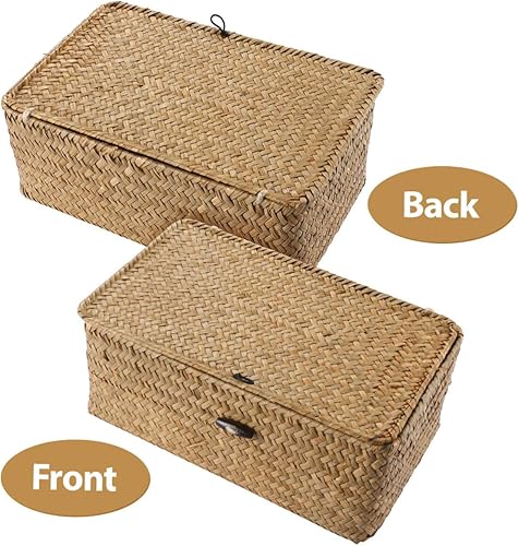 Miniatura 6 de IMIKEYA Caja de almacenamiento tejida de mimbre con tapa, cesta de pastos marinos, caja tejida a mano para el hogar, oficina, organizador de estantes