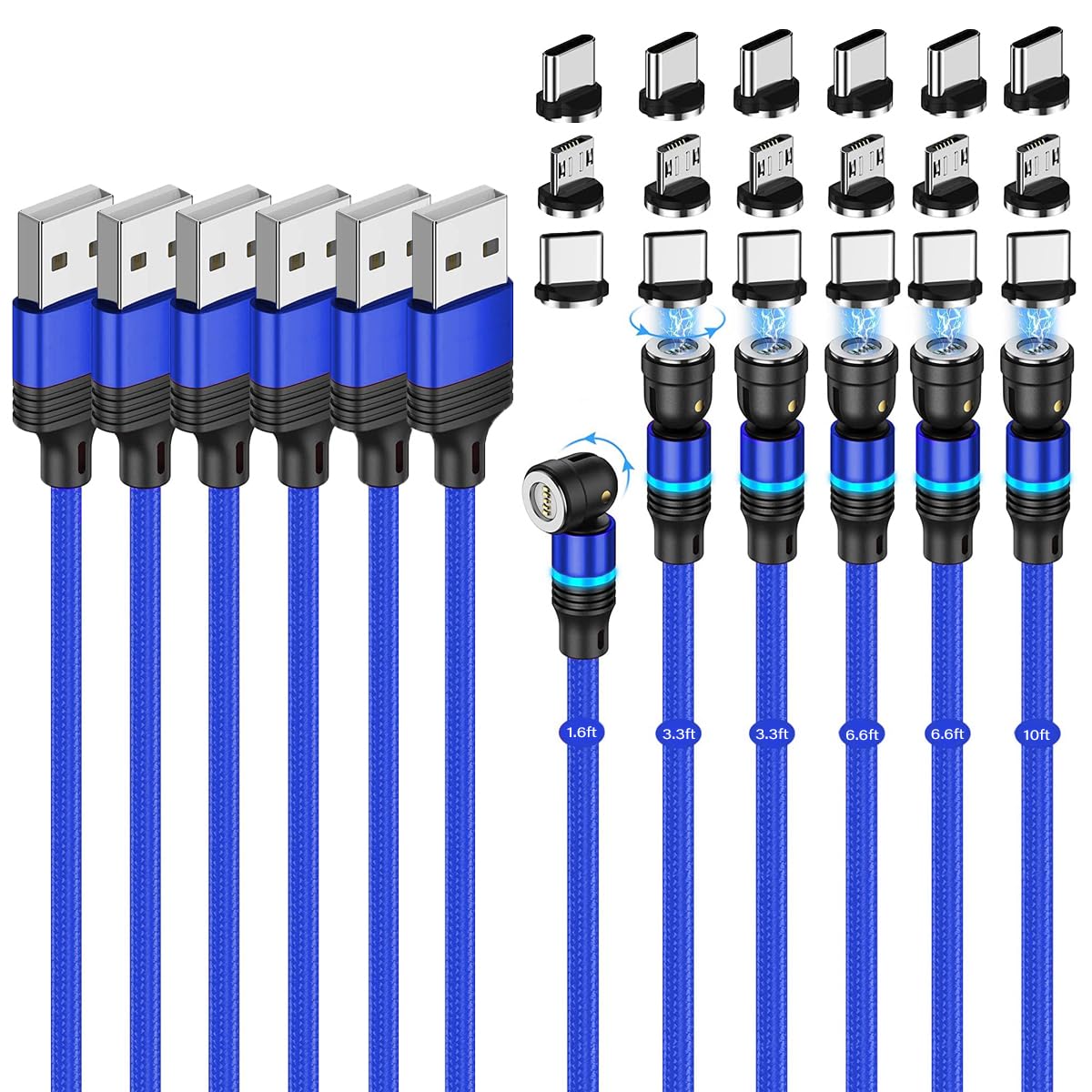 Magnetic Charging Cable 6-Pack Mixed Lengths | 3A Fast Charging & Data Sync For Micro USB & Type C