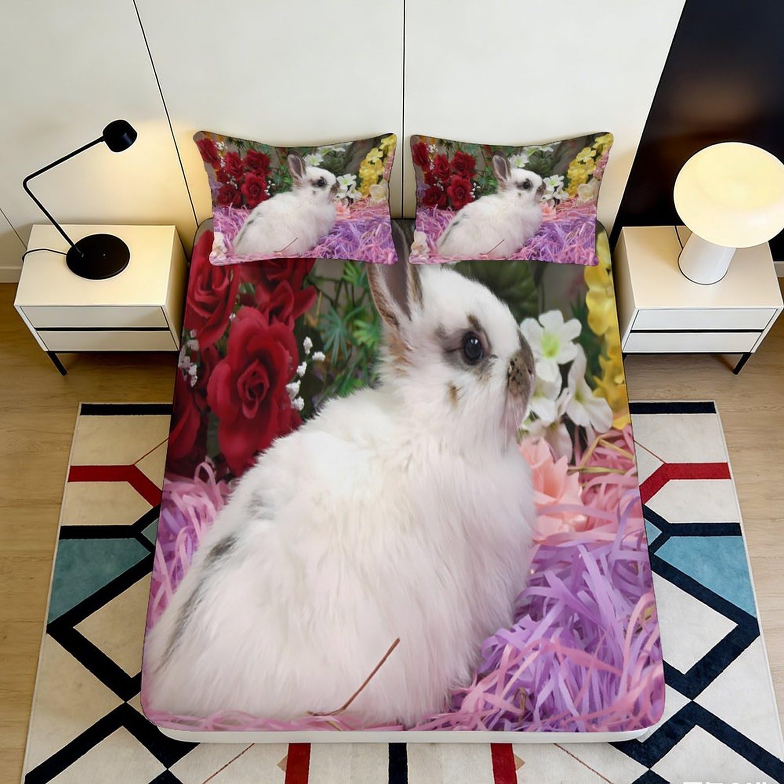 3D Printed fluffy white rabbit fitted sheet, floral pattern microfiber soft touch, bedroom decor bed cover for home apartment bedding, wrinkle resistant, easy to remove, 118 chars 90x200x25cm