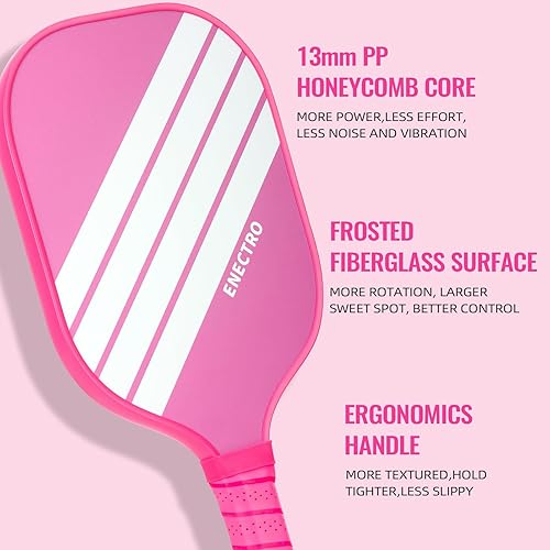 Miniatura 4 de Juego de 2 palas de pickleball rosadas, juego de bolas de fibra de vidrio aprobadas por USAPA con 2 bonitas raquetas de pickleball ligeras, 2 bolas
