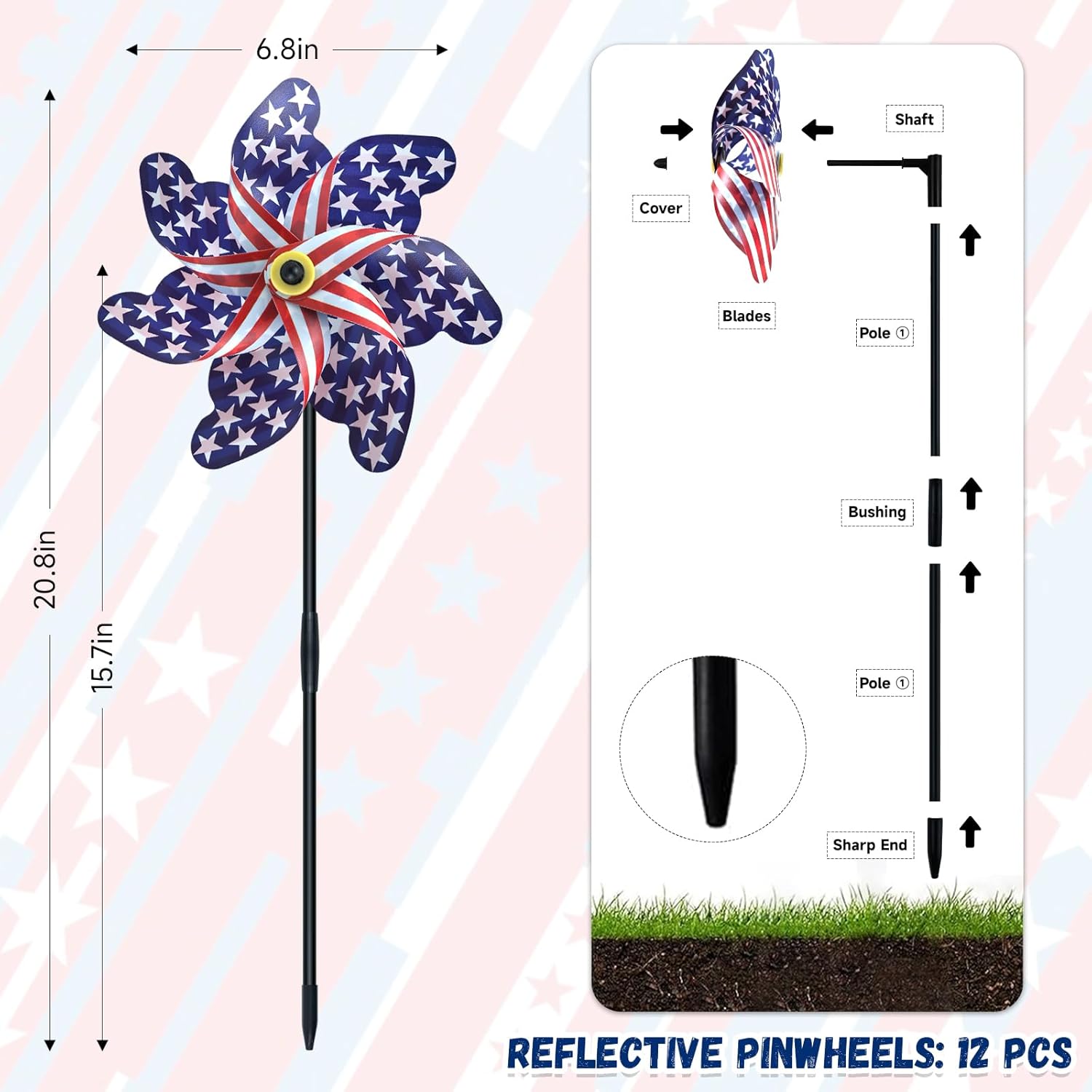 12 Pack Patriotic Pinwheels 20.8”H x 6.8”W Pre-Installed American Wind Spinner with Stake for Memorial Day July of 4th Independence Day Parade Garden Decorations - Image 3