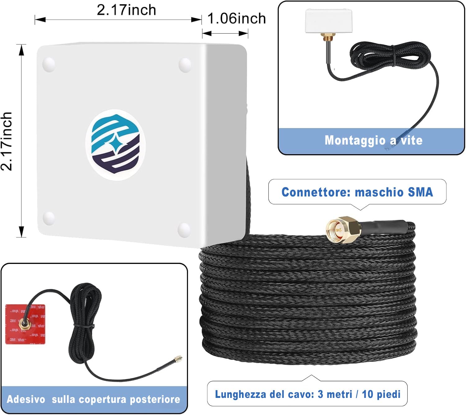 Maswell GNSS Antenna GPS SMA maschio, GPS GLONASS BEIDOU GAILEO banda L1 1561-1602MHz, montaggio a vite e autoadesivo, cavo impermeabile IP67 stabilizzato ai raggi UV in nylon intrecciato