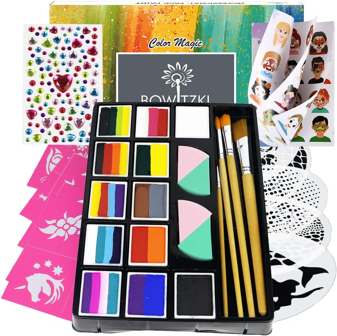 Bowitzki Professional Face Painting Kit For Kids Adults12 x 10gm Face Paint Set Stencil One Stroke Split Cakes Palette Non Toxic Rainbow Flora Unicorn Body Paint Makeup Halloween Christmas Jewels