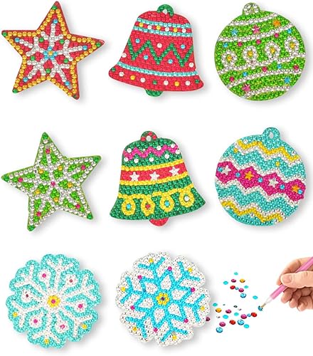 Juego de adornos de Navidad con imán y diamantes para niños, hace 8 piezas, manualidades de Navidad para niños, kits de pintura de diamantes para