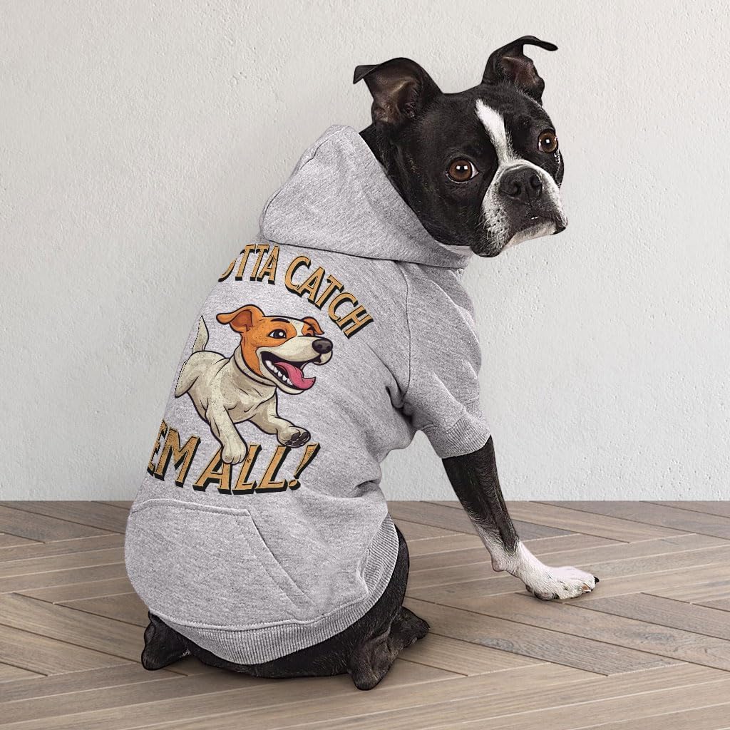 Gotta Catch 'em All Dog Hoodie with Pocket - Dog Apparel - Gifts for Squirrel Lovers - Gray, L