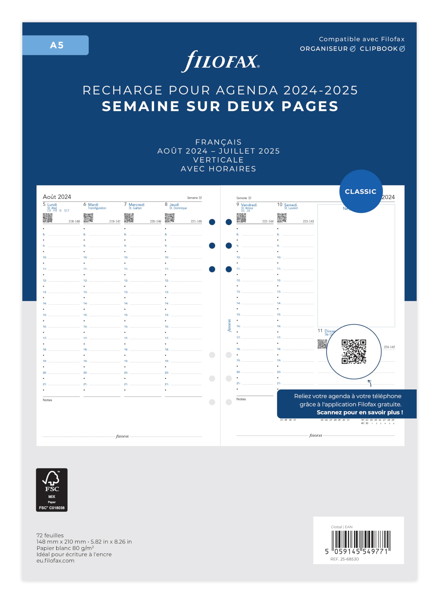 Filofax A5 French Week On Two Pages English Mid Year August 24 -Jul 25