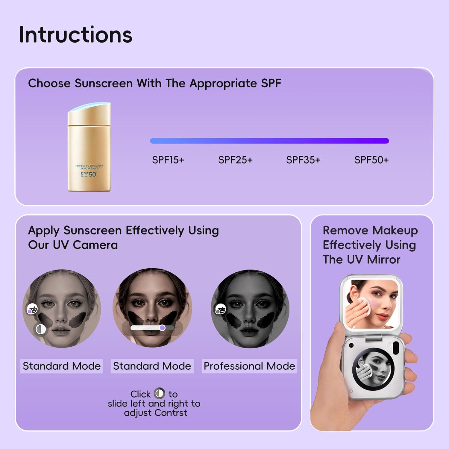 inewme UV Sunscreen Check Mirror with 3-Color LED Light, Real-Time UV & Humidity Sensor, Foldable Travel Makeup Mirror, Compact Portable Skin Care Tool with Sun Protection Alert