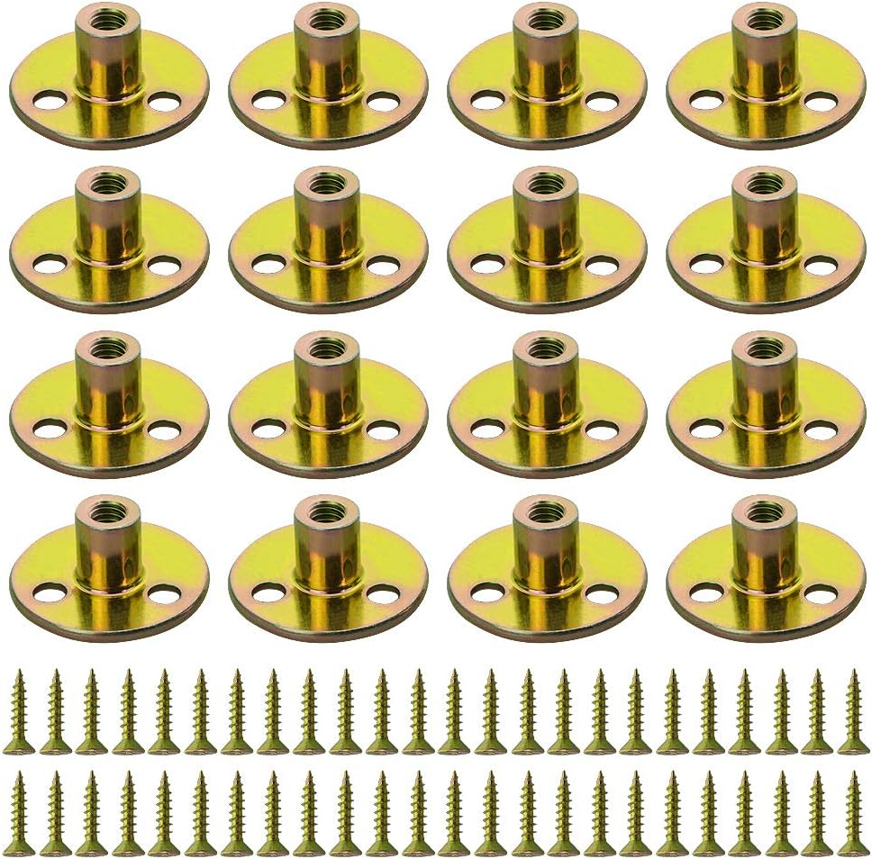 WMYCONGCONG 64PCS 1/4” T-Nuts Brad Hole Tee Nut with Round Base Furniture Hardware Flange Insert Female Thread with Mounting Screws Set