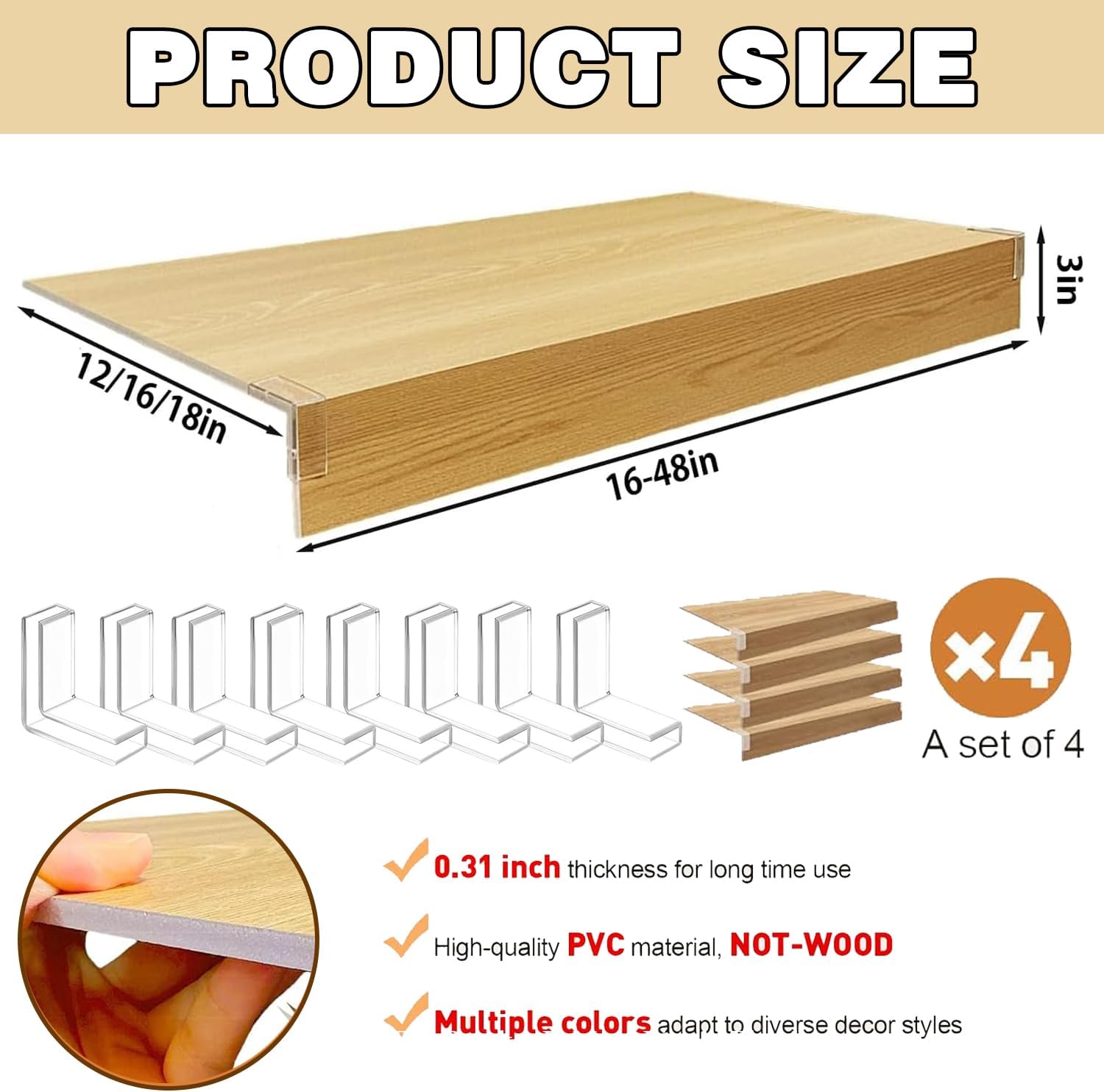 Wire Shelf Covers for Pantry 4 Pack, 45x16x3 in PVC Rack Cover for Wire Shelving Pantrys Shelf Liners 0.32 Inch Thick Kitchen Faux Wood Rack Covers for Closet Kitchen Bathroom,Jazz White