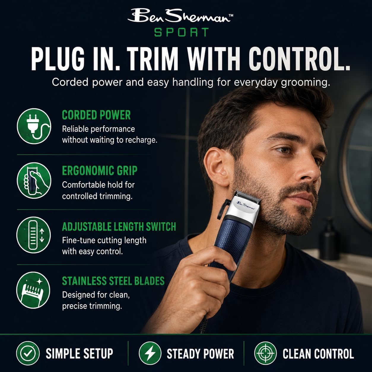 Ben Sherman Sport All-in-One Trimmer for Men, 10 Piece Corded Beard Trimmer for Men, Hair Clippers for Men, Hair Trimmer for Men, Body Groomer for Men with Stainless Steel Blades & Guide Combs