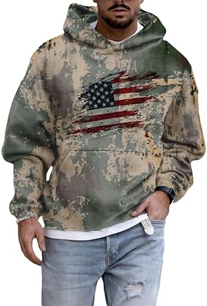 USA Flag Print Graphic Hoodie Mens Autumn/Winter Lightweight Sweatshirt Crew Neck Long Sleeve Hooded