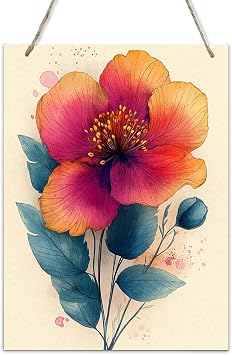 Vibrant Watercolor Hibiscus Flower Wooden Sign,Gradient pinks,oranges Petals,Blue Leaves,Yellow Stamens & Splatter Details,Bohemian Living Room,Bedroom Decor,12x8 Inch Wood Wall Decor