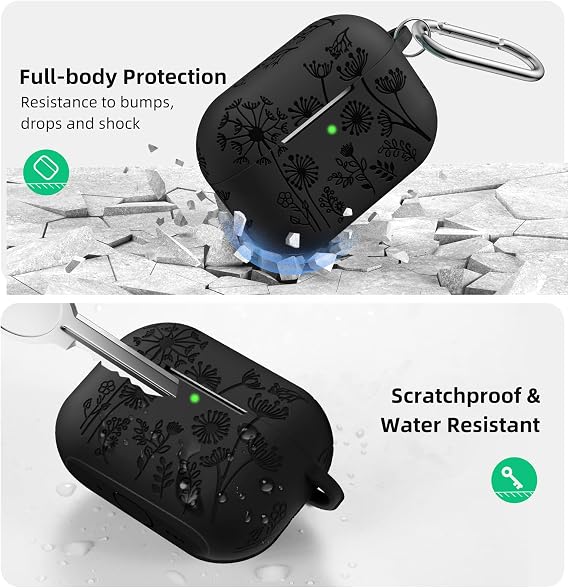 Lerobo for AirPods Pro 3 Case with Cleaner Kit & Keychain, Black | Flower Engraved Silicone Cover Compatible with Apple AirPod Pro 3 Case Cute for Women, Scratchproof, Shockproof, Dustproof