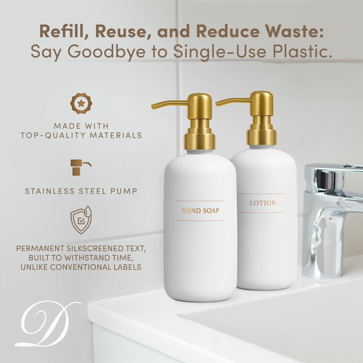 White Plastic Bottle | Refillable Wall Mount Liquid Soap Dispenser with No Drill Brackets | 16 oz Hand Soap and Lotion for every Bathroom | Two Bottles