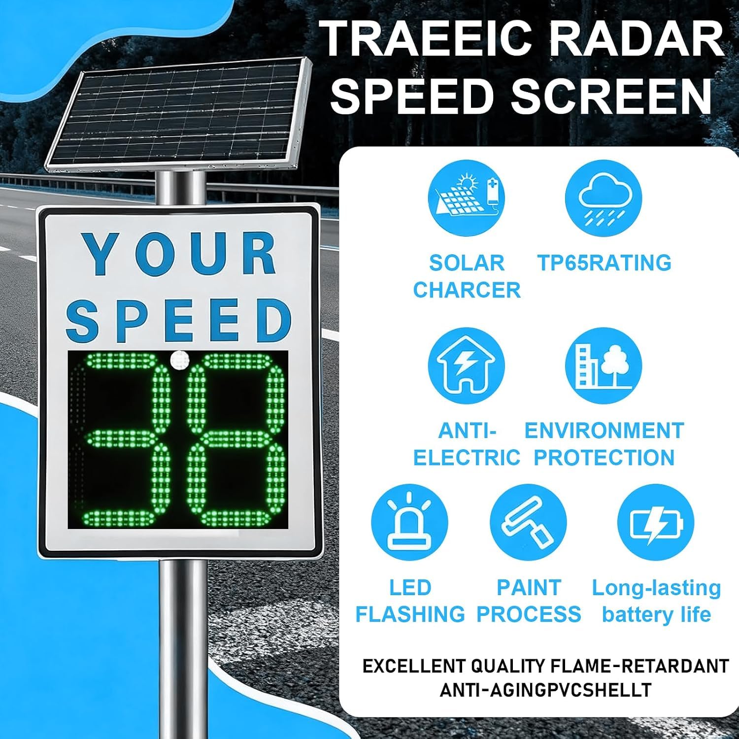 Panneaux De Limitation De Vitesse À LED Alimentés À Lénergie Solaire, Panneau Radar De Vitesse Solaire Homologué Fcc, Certifié Ce Et Conforme Rohs, Détecteur De White 60X75cm