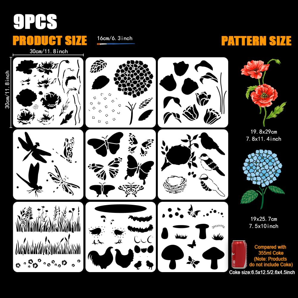 FINGERINSPIRE 9Pcs Layered Animals and Plants Painting Stencil with Brush 30x30cm Butterflies Dragonflies Chickens Birds Drawing Template Tulips Hydrangeas Grass Flowers Mushrooms Pattern DIY Stencil - Image 2