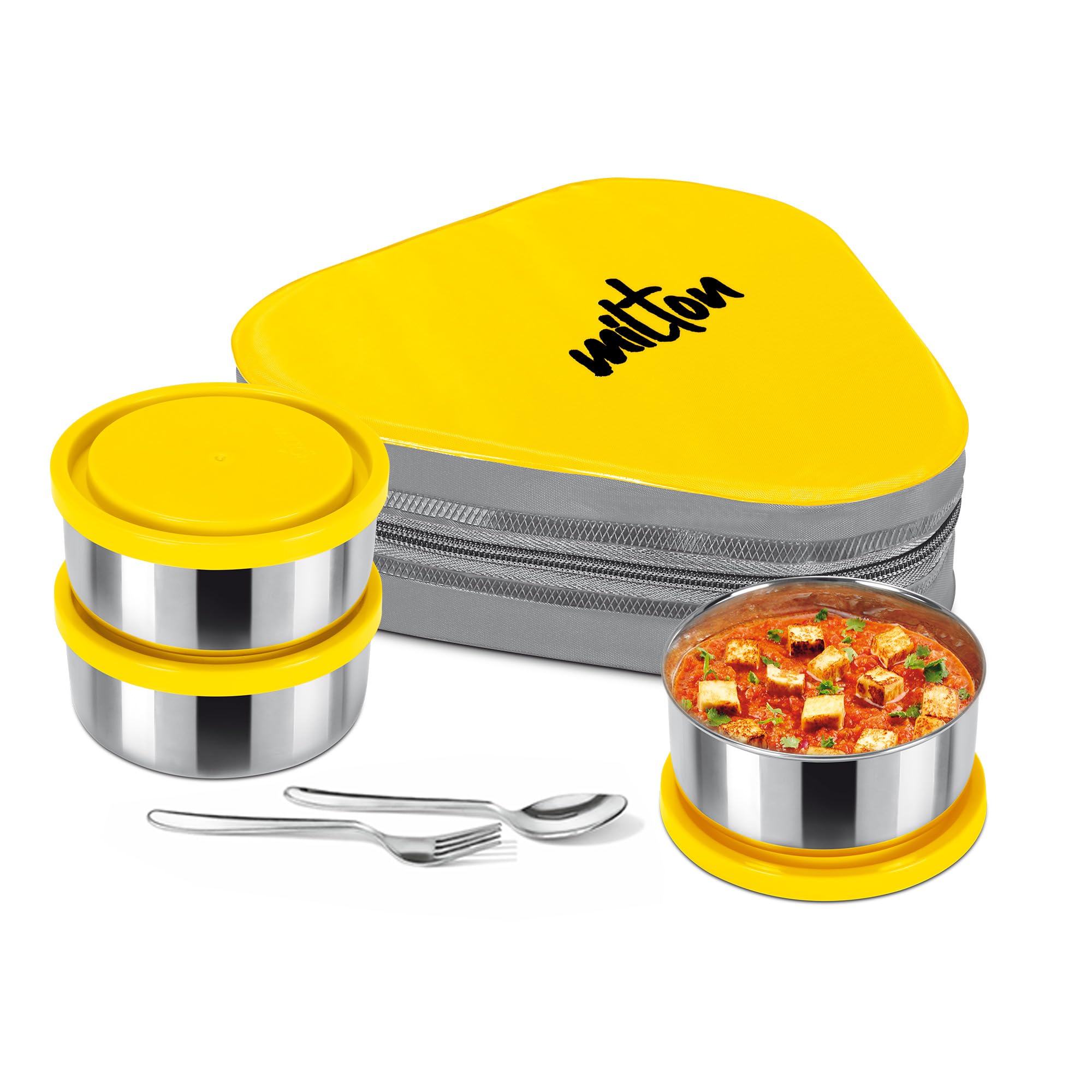 MILTON Triyum Stainless Steel Tiffin, 3 Container, 280 ml Each, with Jacket, Spoon & Fork, Yellow | Lunch Box | Food Grade | Odour Proof | Light Weight | Hygienic (B0CH3HC56W) Amazon Price History, Amazon Price Tracker