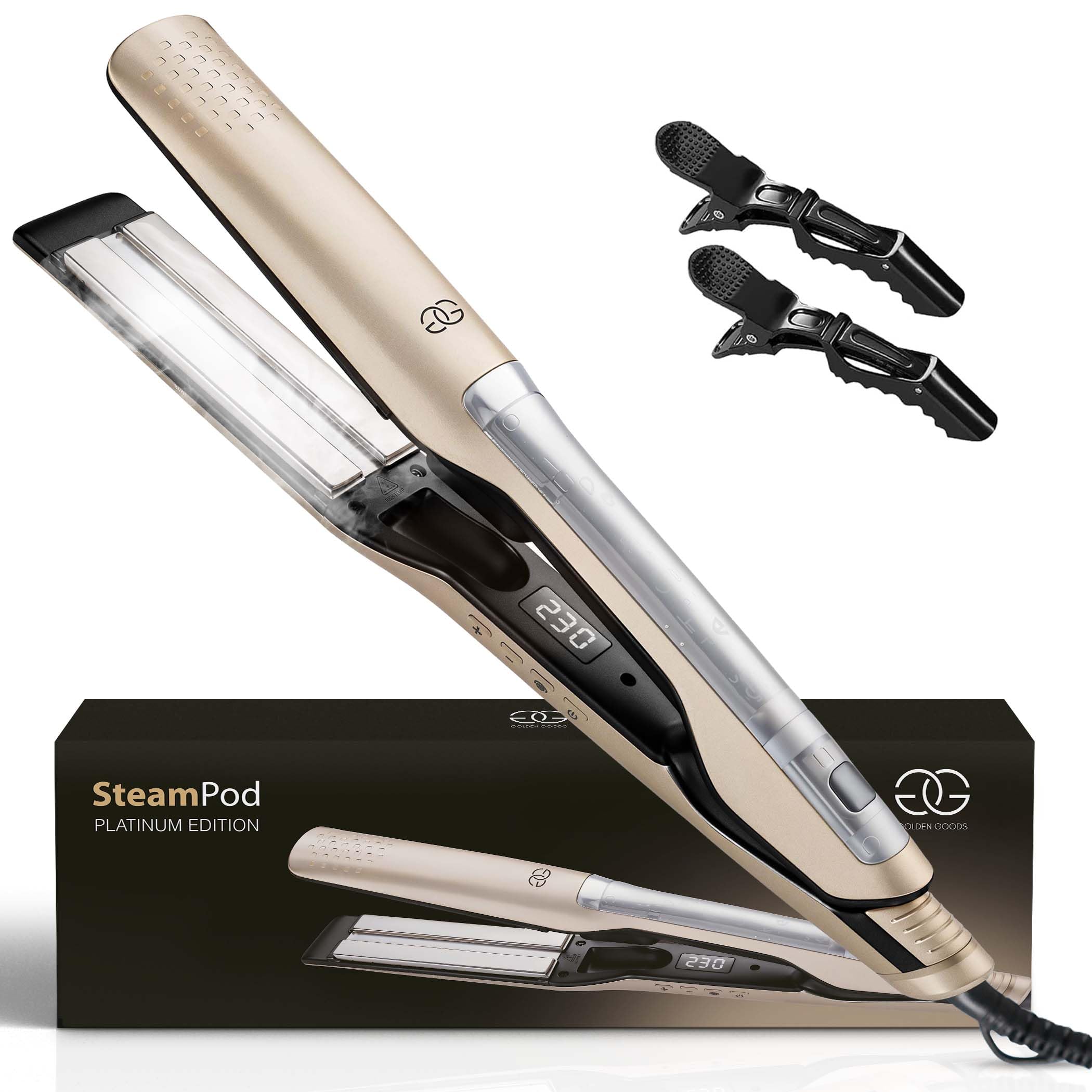 Lisseur Vapeur Champagne Golden Goods Steampod Pro Vapeur puissante, Fer a Boucler 10 réglages de température jusqu'à 230ºC, Tous types de cheveux Céramique et ionique, Lisseur Cheveux