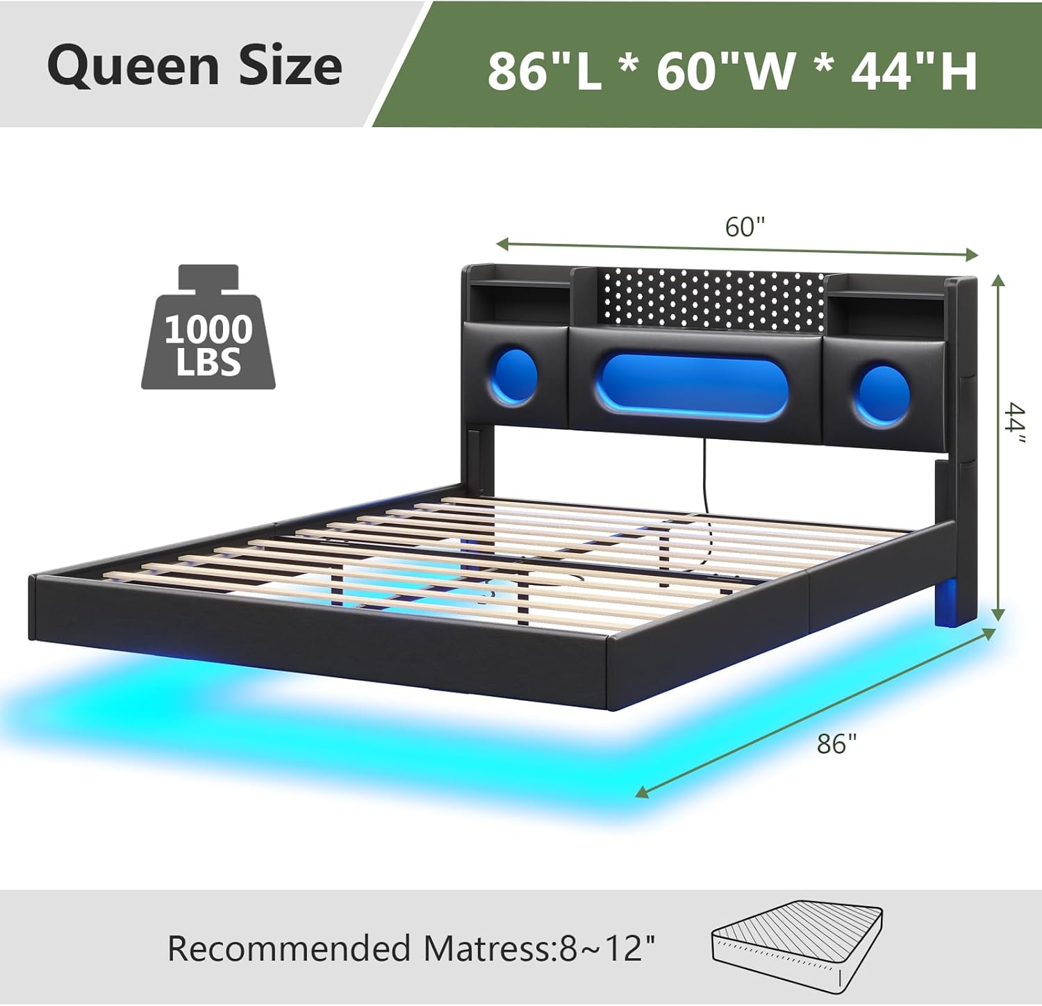 Dnxao Floating Bed Frame Queen with Headboard, Upholstered Platform Queen Bed Frame with Storage, LED Lights and Charging Station, Noise Free, No Box Spring Needed,Quick Setup System,PU Black