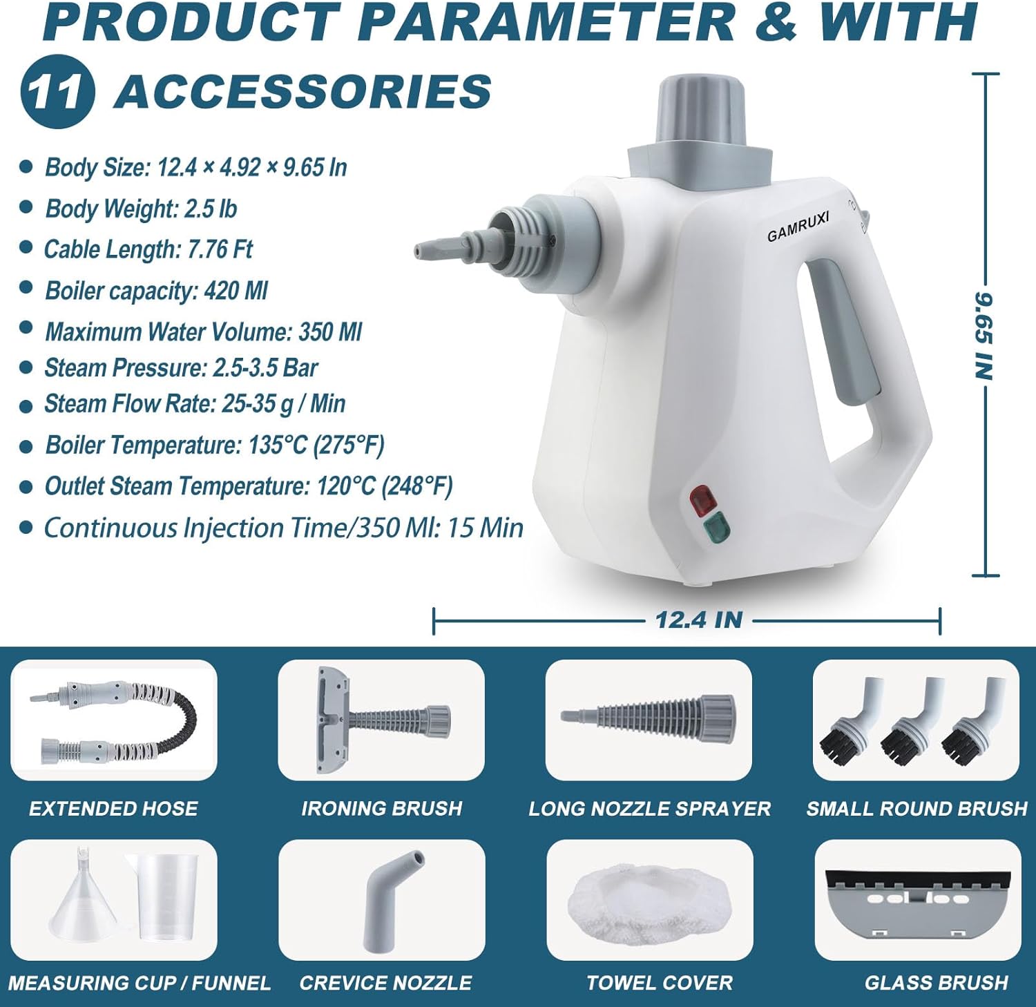 Handheld Pressurized Steam Cleaner with 11 Attachments – Portable Multi-Surface Steamer for Home, Mattress, Floors, Couch, Windows, Upholstery, Car, and Grout – Deep Cleaning & Stain Removal(White)