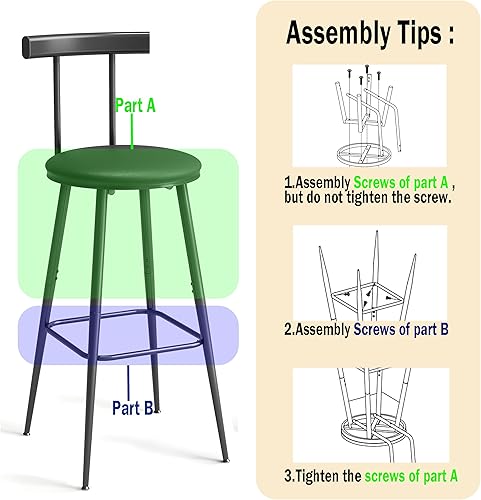 Miniatura 7 de Taburetes de bar, juego de 2 taburetes de cocina altos, sillas de bar con respaldo y reposapiés, taburetes industriales con asiento suave de PU,