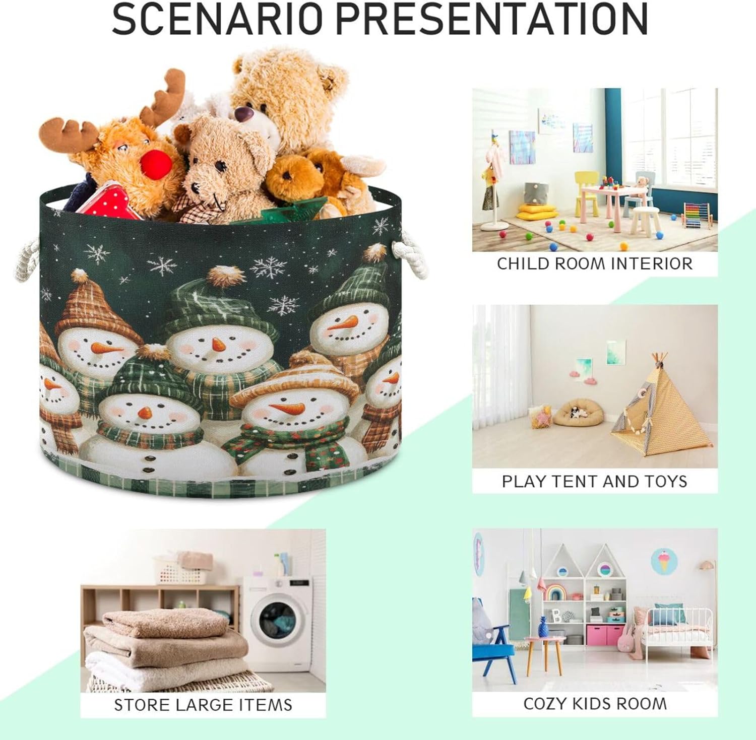 Christmas Snowmen Extra Large Storage Basket Decorative Laundry Basket with Handles, Rope Basket for Clothes, Blanket, Towel, 20 x 14 Inch