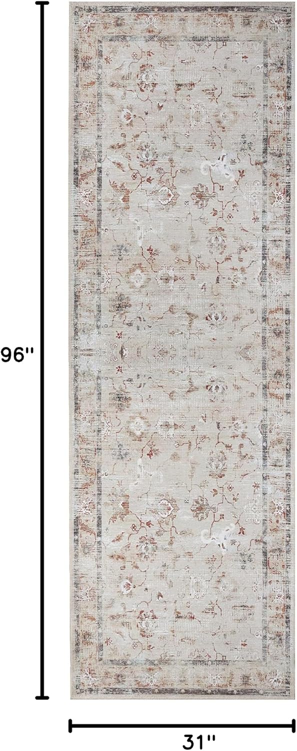 BNM Indoor Runner Rug, Non-Slip Backing for Kids or Pets, Entryway, Living Room, Kitchen, Dorm, Bedroom, Hallway, Machine Washable Rugs, Floor Cover, Floral Scroll Home Decor, 2' 7" x 8', Cream