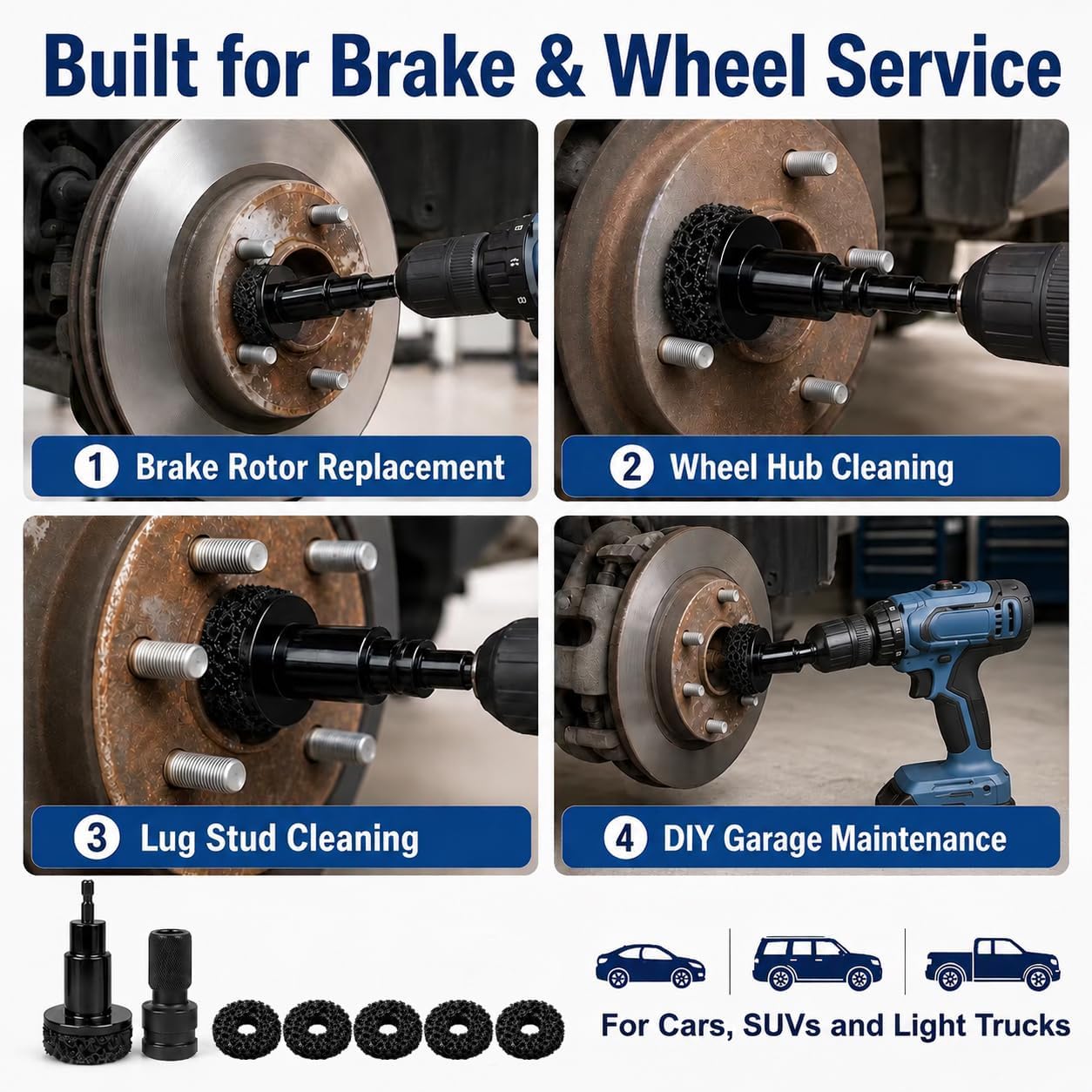 Wheel Hub Resurfacing Kit - Professional Hub Cleaning Tool & Stud Cleaner with 6 Grinding Pads for Brake Rotor Rust Removal, Wheely Clean Power Drill 1/2" Impact Wrench
