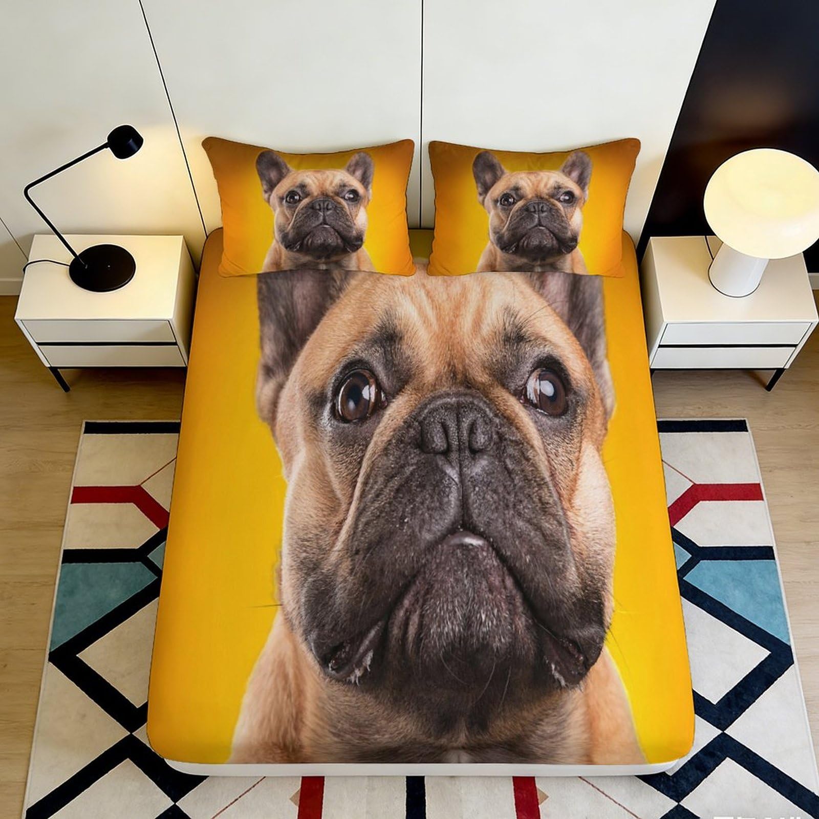 3D Printed French Bulldog Fitted Sheet Microfiber Soft Yellow Dog Face Mattress Cover for Bedroom Guest Room Decor 140x200x25cm