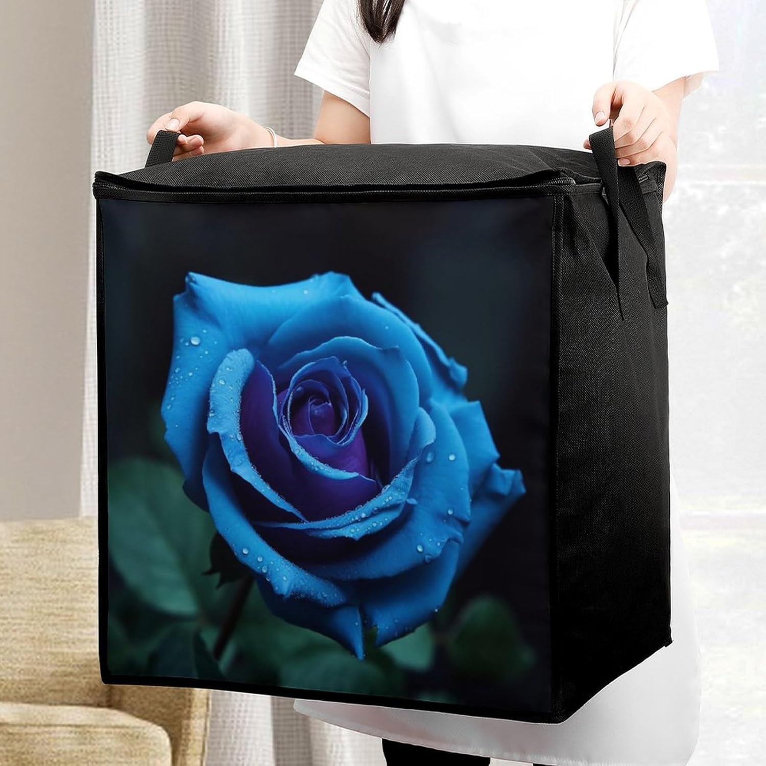 Quilt Storage Bag,Romantic Blue Rose Printed Large Foldable Storage Container Portable Travel Storage Bag for Blankets, Quilts, Clothes, Comforter, Bedding And Pillows
