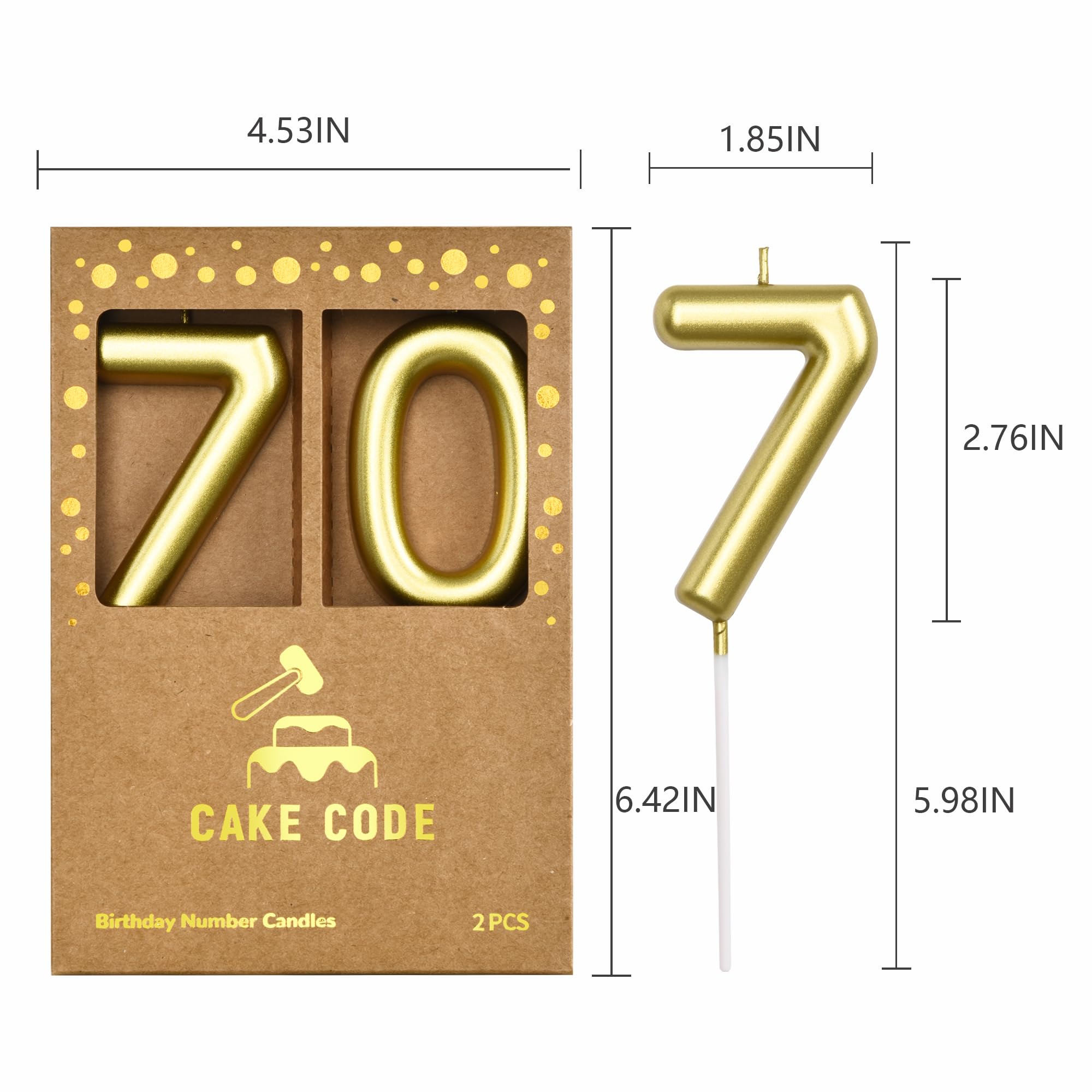 Velas clásicas de cumpleaños de 70 números dorados de 2.76 pulgadas, velas de números dorados, velas de números de pastel, celebración de fiesta