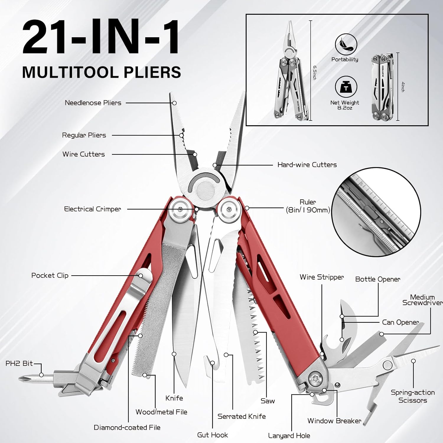 Multitool, 21-in-1 Multi Tool Pliers with Safety Locking and Spring-Action Scissors, Heavy-duty Stainless Steel Multi-tool Set with Nylon Sheath for Work, Home, Garden, DIY & Auto, Brick Red