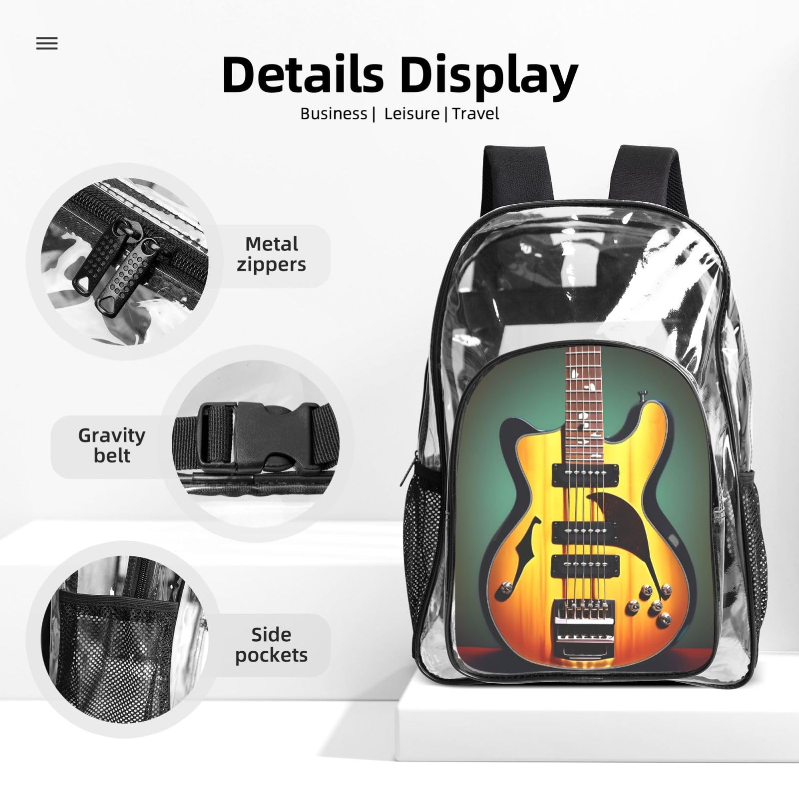 Gitara basowa muzyka instrumenty muzyczne nadruk kobiety mężczyźni dzieci przezroczysty plecak zestaw szkoła podróż przezroczysty 3-częściowy pojemnik na lunch