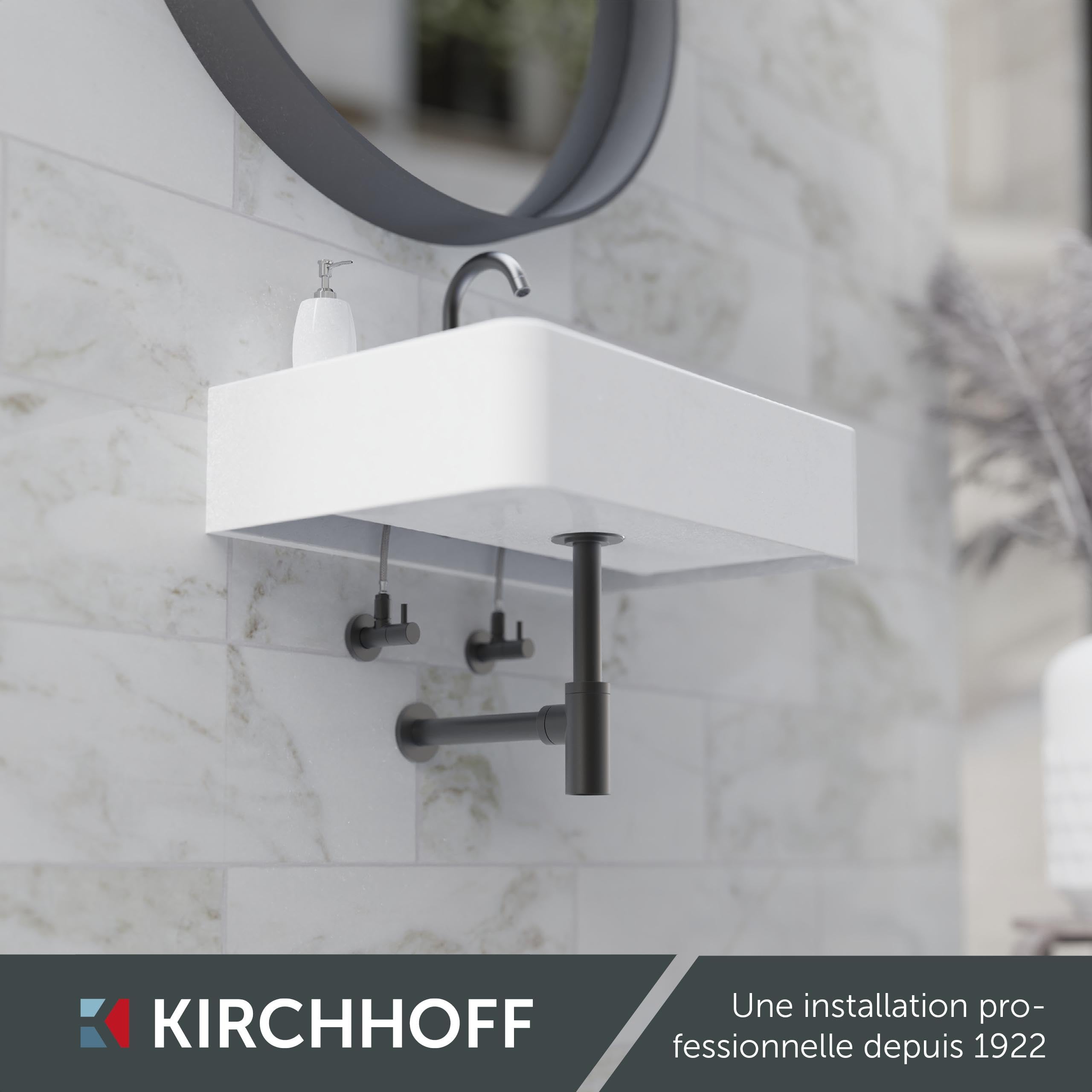 Kirchhoff Bonde de Lavabo Universelle Graphite Mat, Siphon | Laiton massif enduit, raccord 11⁄4", kit avec rosace murale, joint bonde et bouchon lavabo universel, ouverture de nettoyage