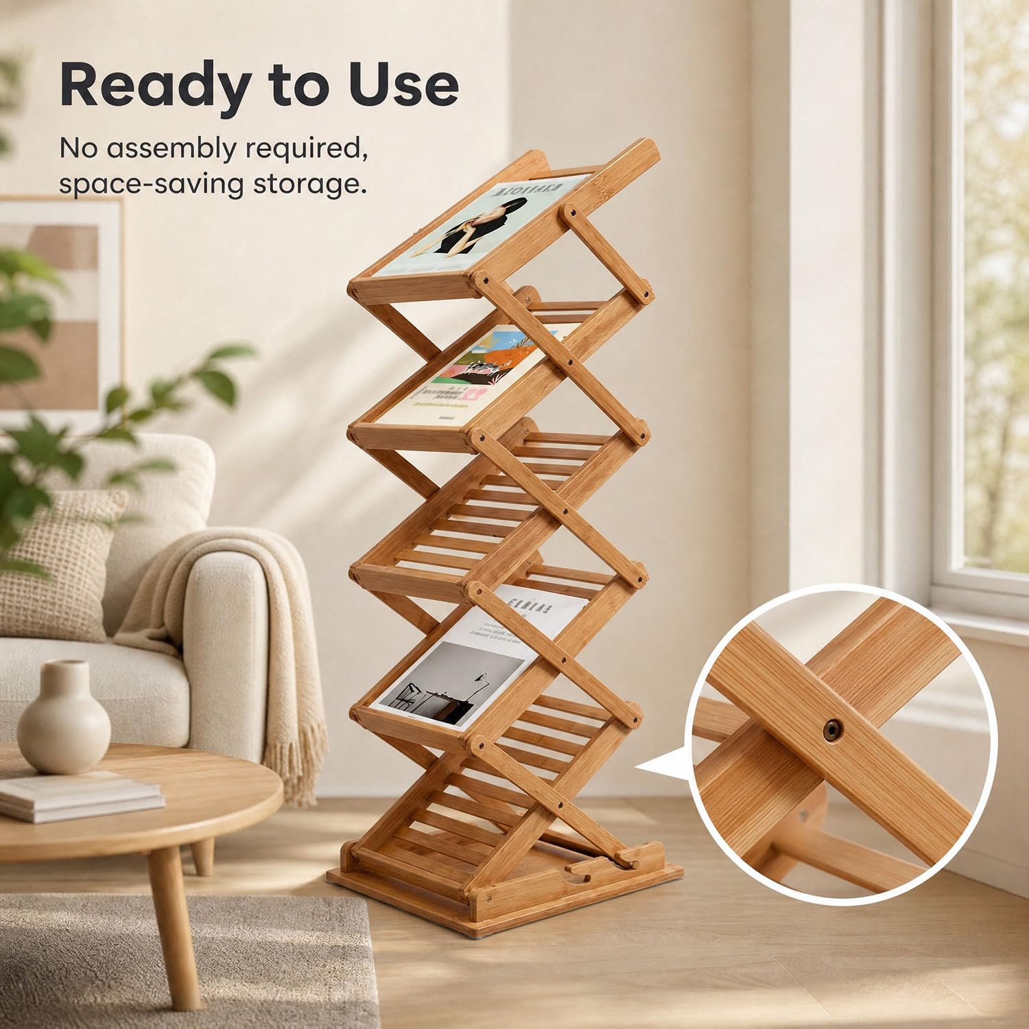 Foldable Bamboo Magazine Rack Floor Stand, 5 Pockets A4 Display Holder