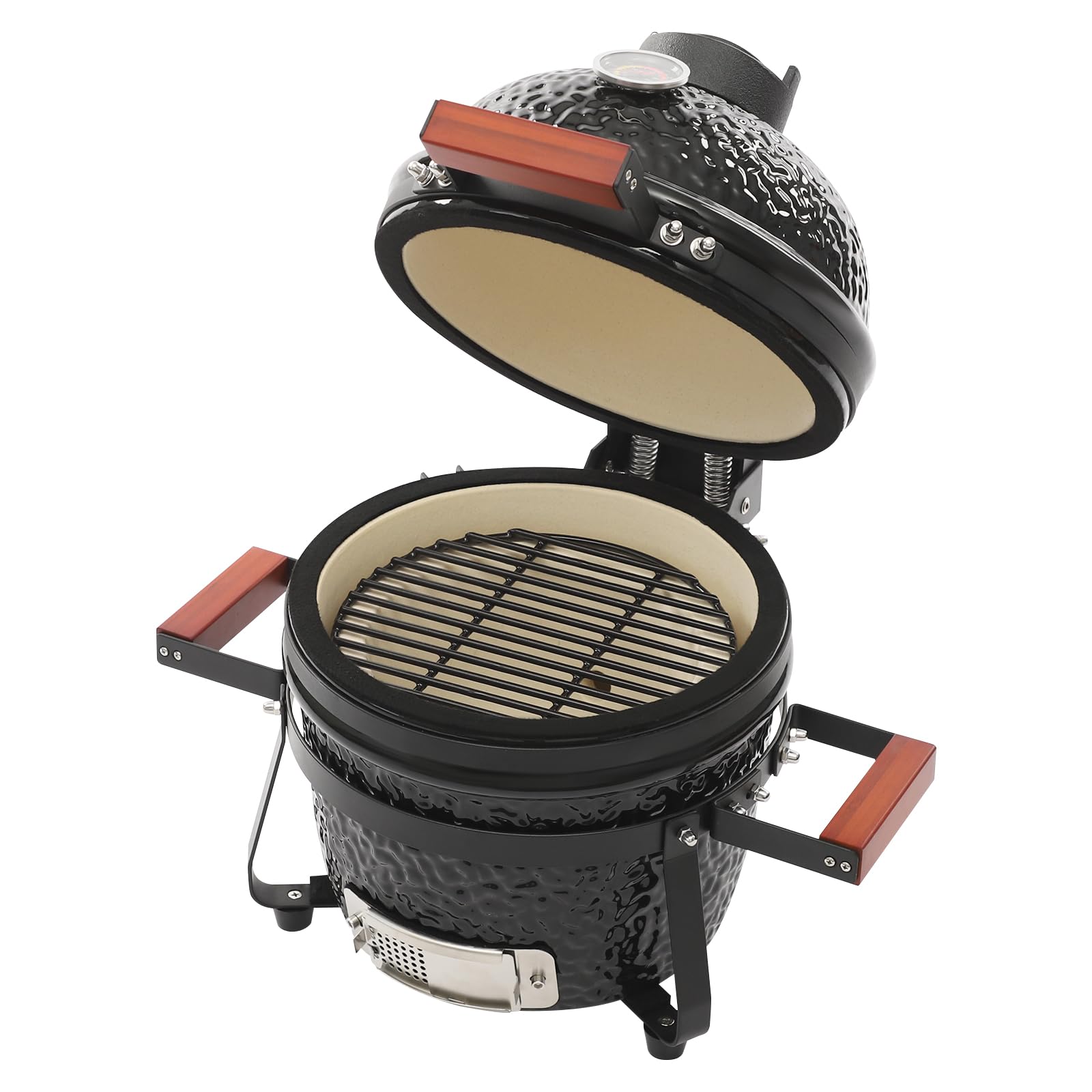 Barbecue a carbonella in ceramica, con superficie di cottura da 12,6 pollici, parete in ceramica spessa 20 mm, termometro, acciaio inossidabile e parti in bambù, fino a 800 °C, ideale per affumicare