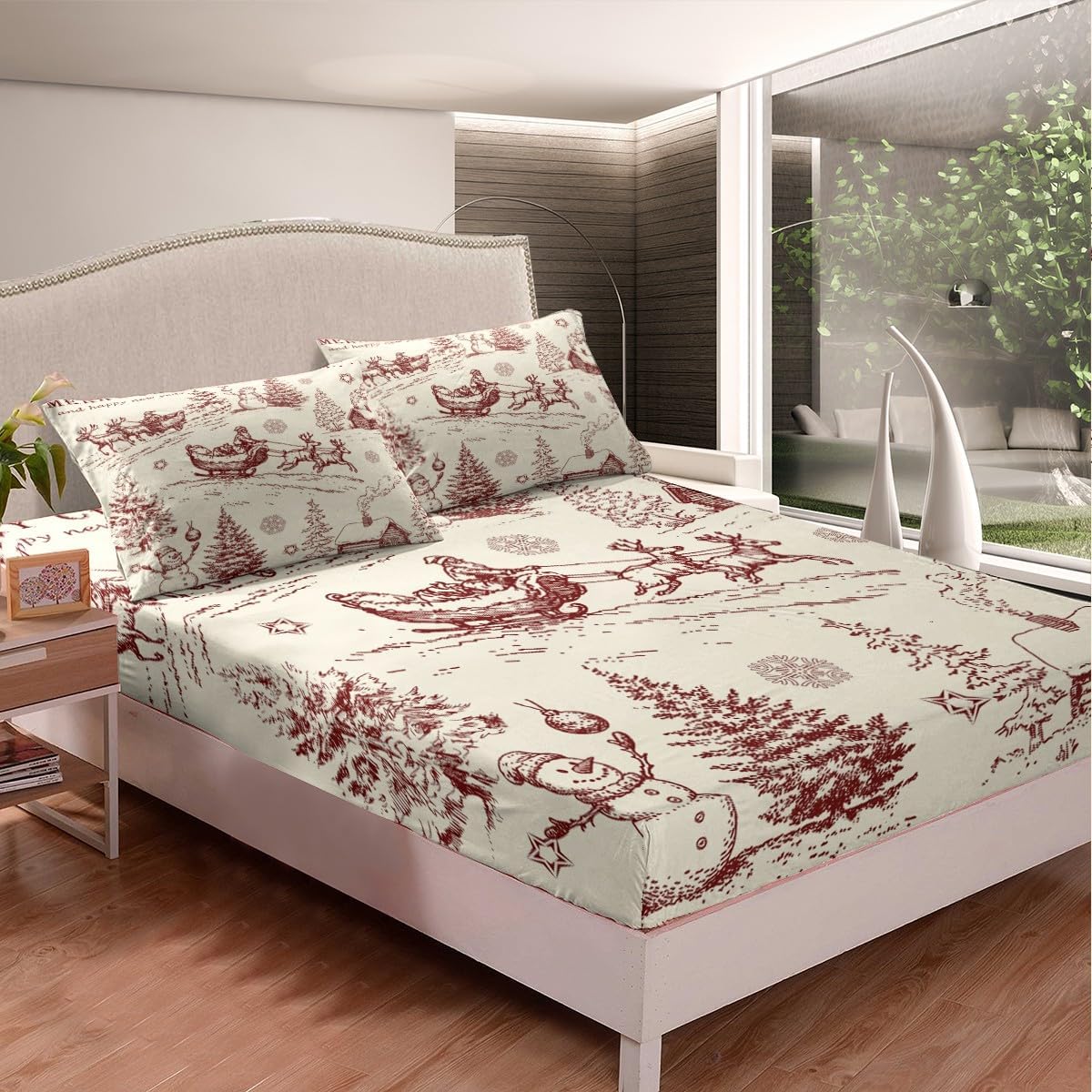 Christmas Bed Sheets Queen Size,Snowman Santa Claus Bedding Set for Kids Girls Boys Teens Room Decor,Snowflake Candy Deer Vivid Fitted Sheet Retro Sketch Red Brown Top Flat Sheet 4Pcs