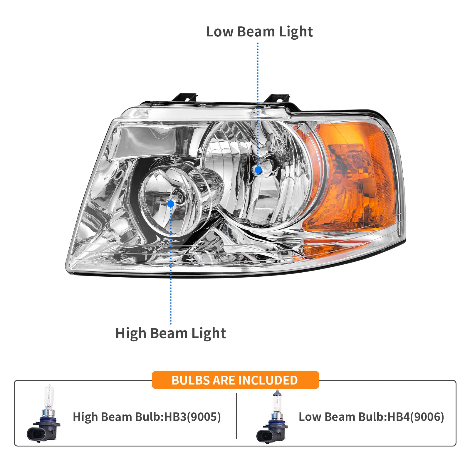 DWVO Headlight Assembly Compatible with 2003 2004 2005 2006/03 04 05 06 Ford Expedition (Chrome Housing Clear Lens)