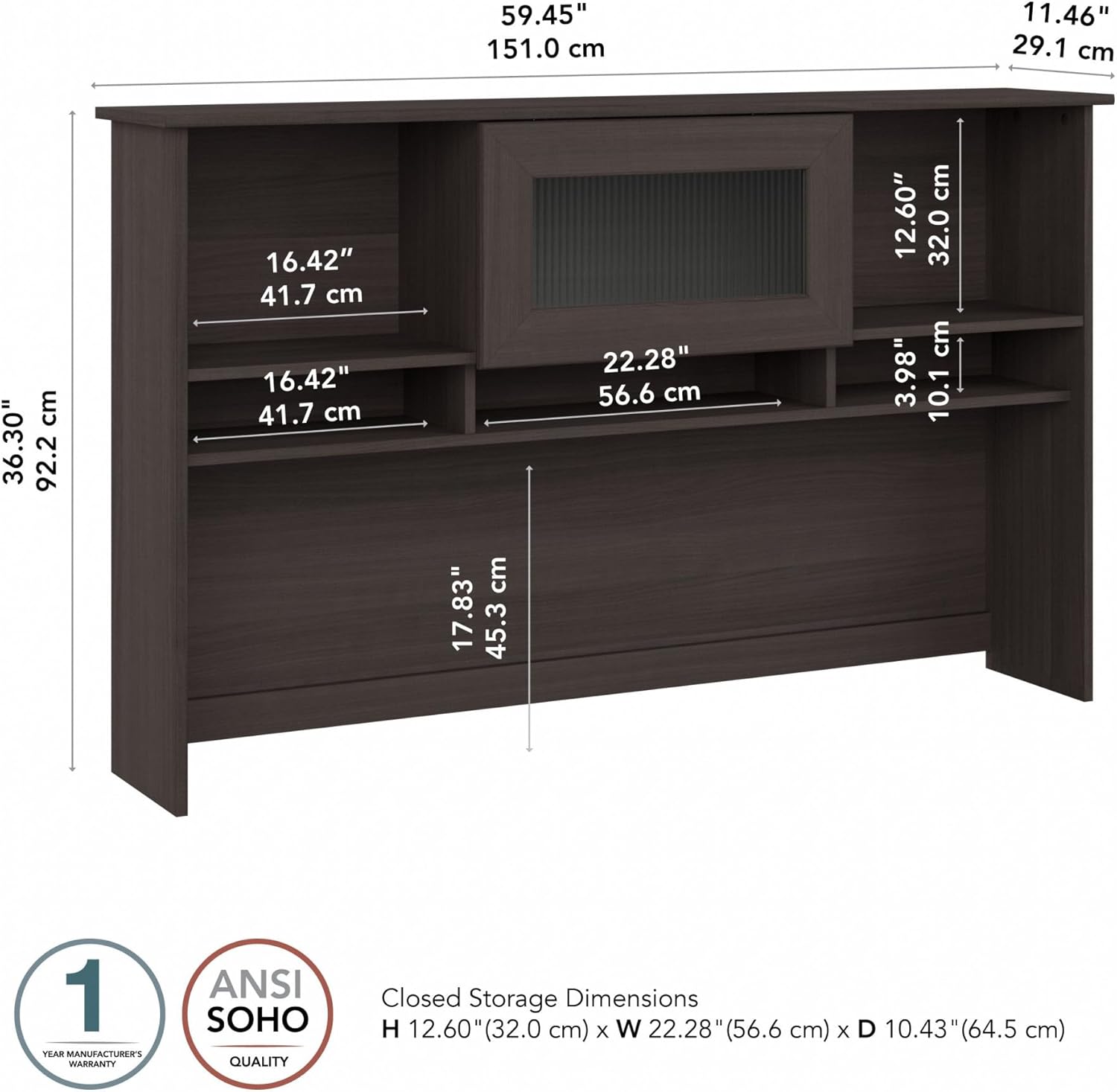 Bush Home Cabot 60W Desk Hutch in Heather Gray, Attachment with Shelves and Cabinet for Home Office