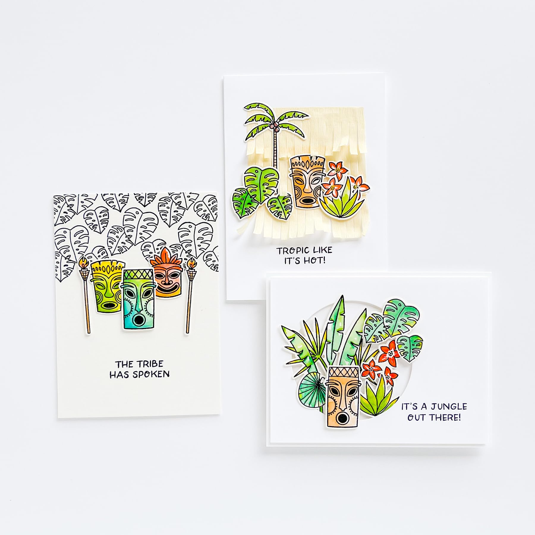 It's a Jungle Stamp and Die Set Combo, Essentials by Ellen, Stamping, Scrapbooking, Die Cutting, DIY, Cardmaking, Papercraft, Tropical, Tiki, Palm, Survivor, Torches, Tribu