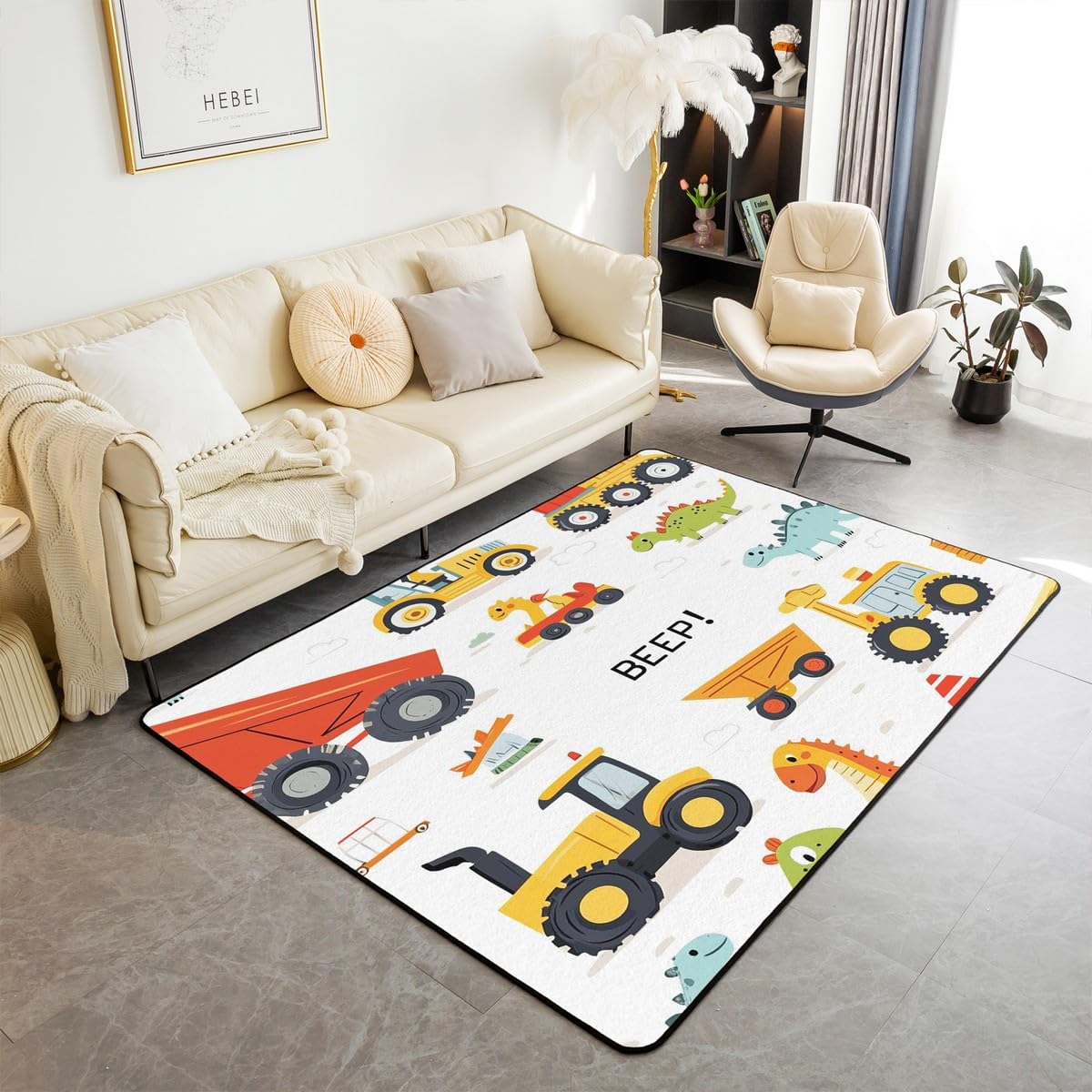 Homewish Dywaniki do traktora, 100 x 150 cm, kreskówkowy dinozaur, dzika przyroda, dywan do salonu dla dzieci i nastolatków, do maszyn budowlanych, nie gubi włosia, dywan kawaii, dinozaur, buldożer