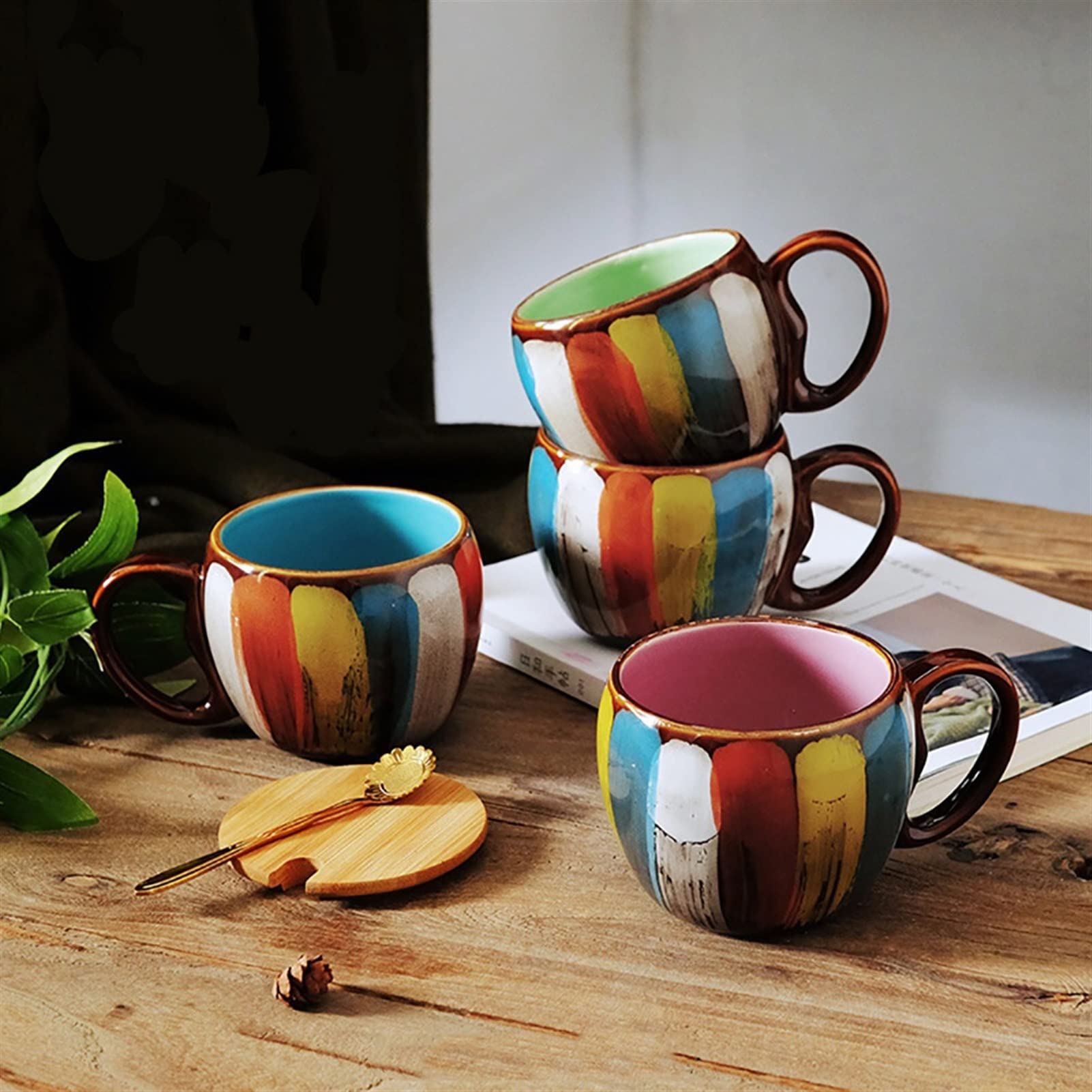 Kaffeetasse Gemalte Kaffeetasse 12 Oz Keramik Kreatives Frühstück Tee Wasser Tasse Handgemachte Milchschale mit Löffel als Geschenk Teetasse (Size : 350ml, Color : Rood)